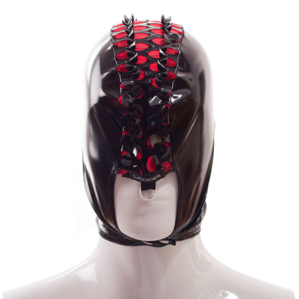 Rebell Fetisch Lack Maske, Wetleather, rotes Netz mit Iro und Metallring, zweiseitig tragbar